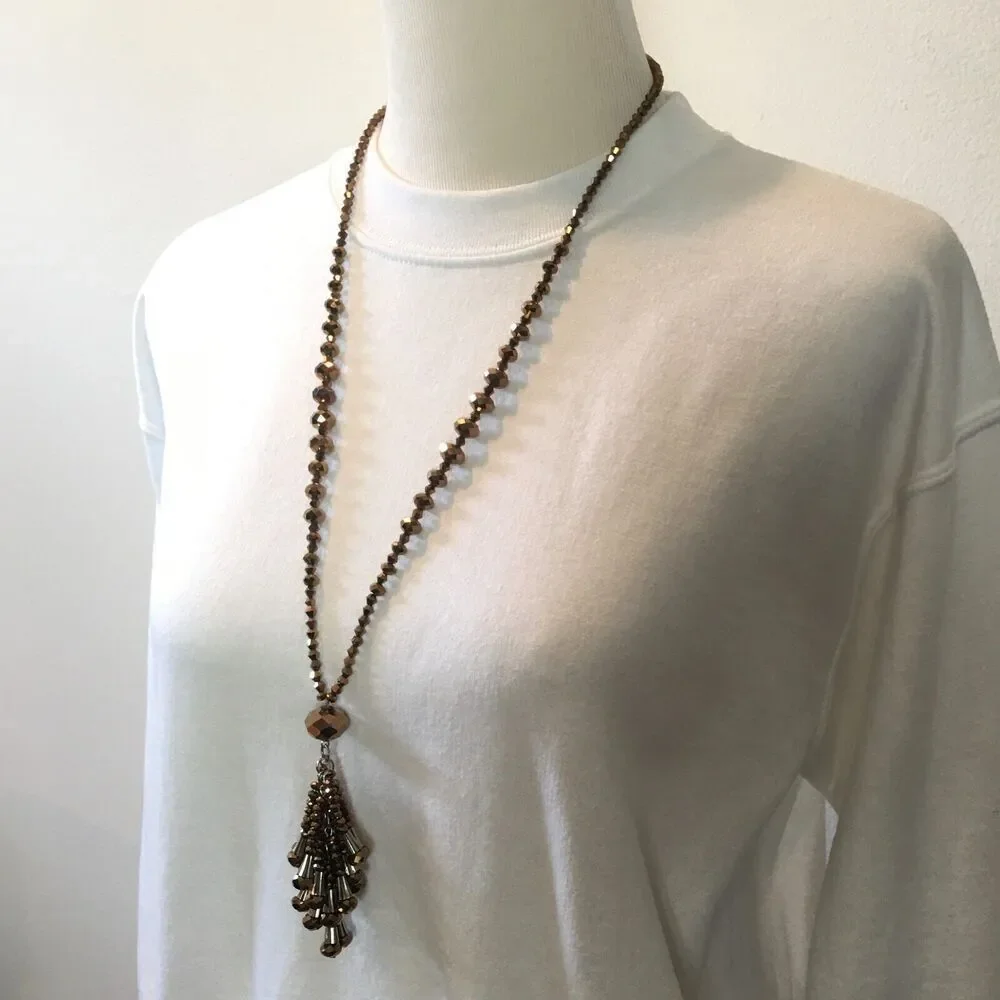 Handmade Tassel Necklace 33in Bronze Metallic Coated Glass Beads